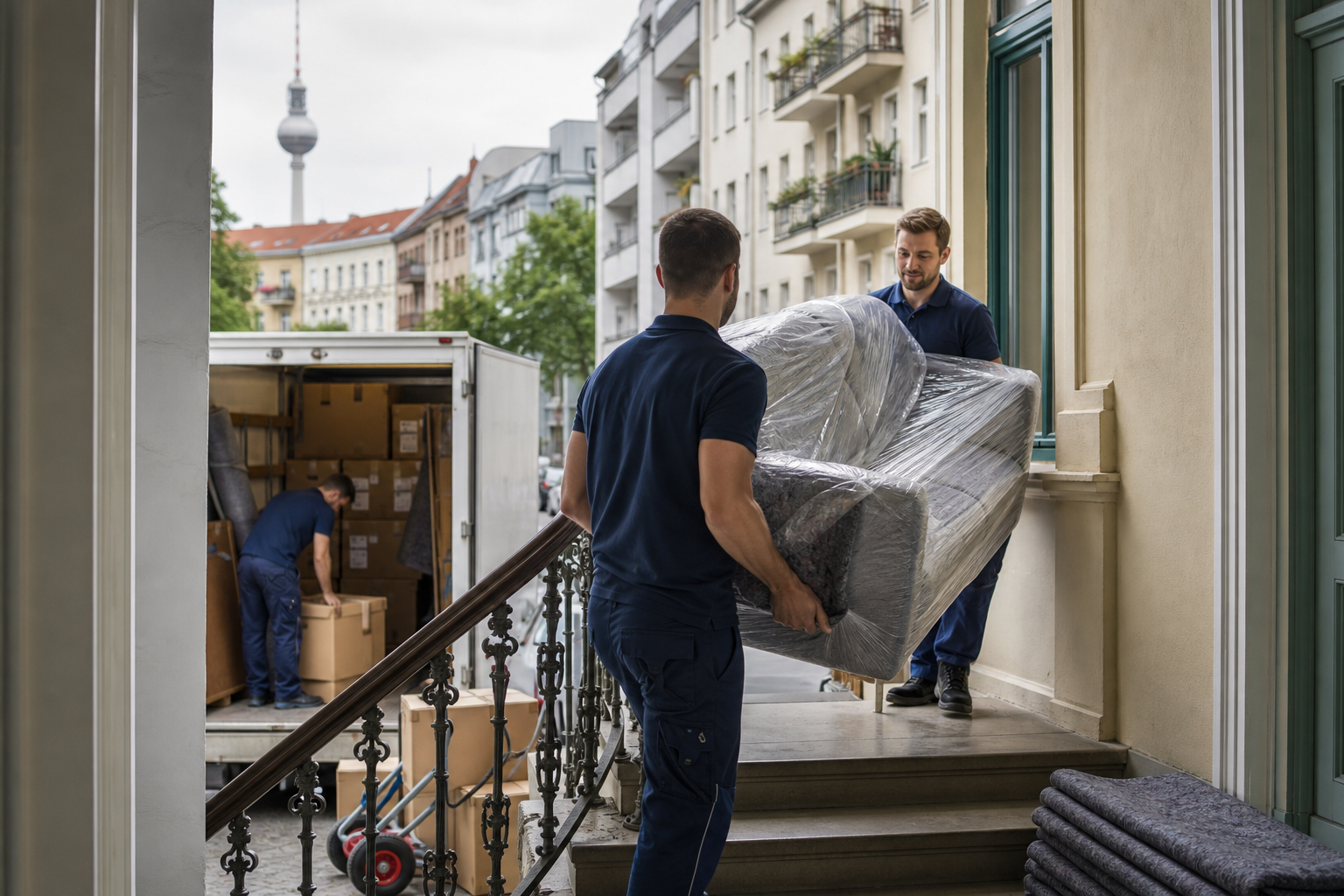 Möbelpacker tragen ein in Folie verpacktes Sofa in ein Gebäude