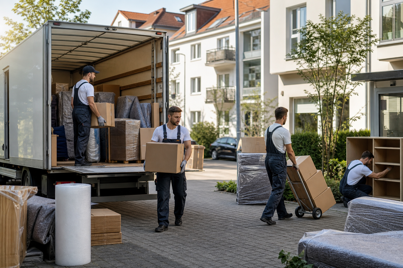 Umzugshelfer laden Kartons und Möbel aus einem Lkw vor einem Wohnhaus aus
