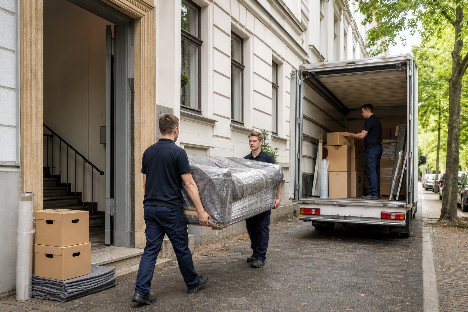 Drei Umzugshelfer tragen ein eingewickeltes Sofa aus einem Haus zu einem Transporter