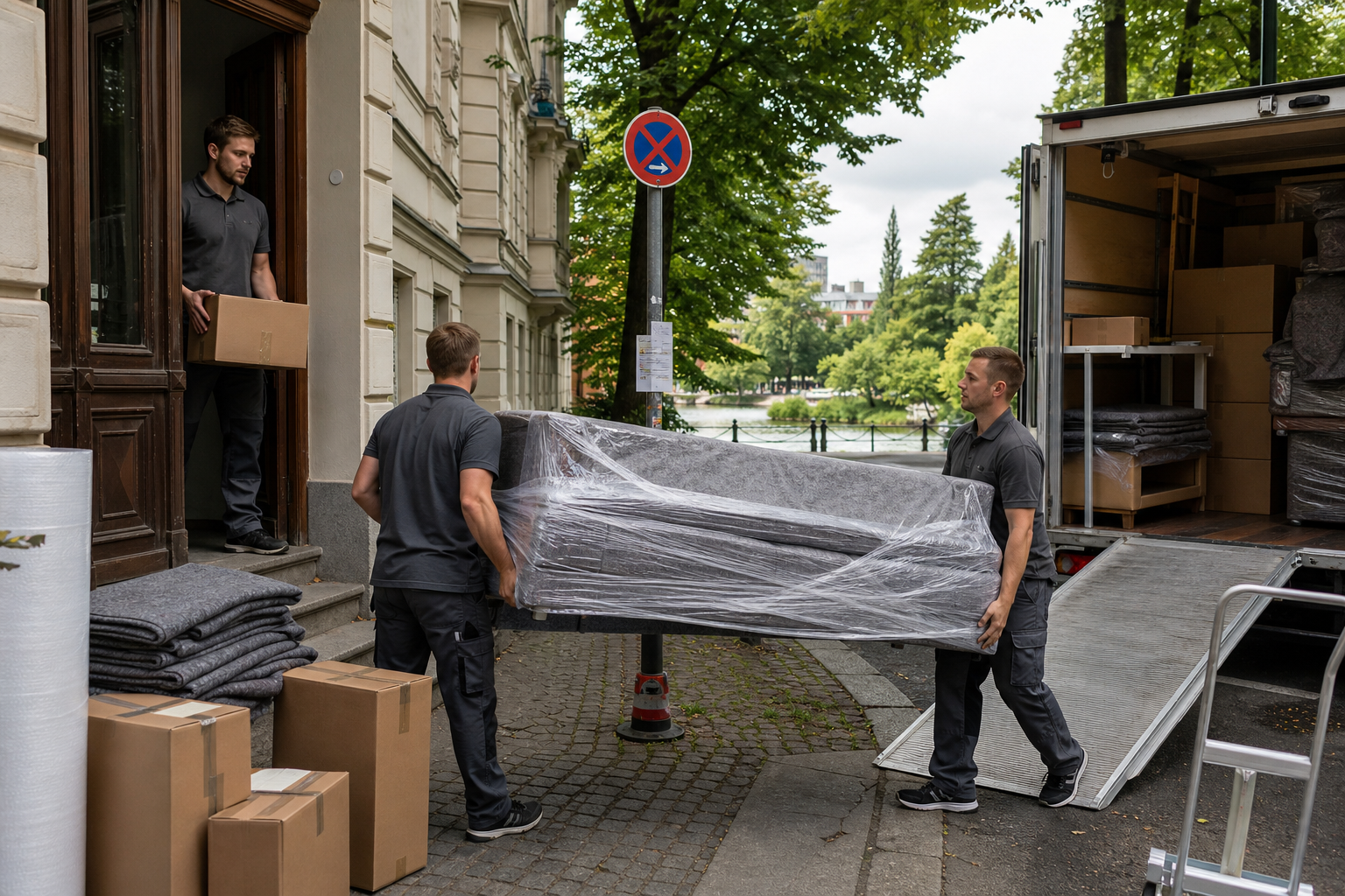 Drei Umzugshelfer tragen ein eingewickeltes Sofa aus einem Lieferwagen in ein Gebäude