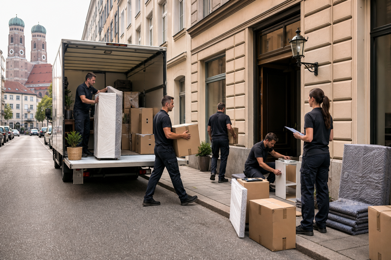 Umzugshelfer laden Möbel und Kartons vor einem Gebäude aus einem Lkw aus