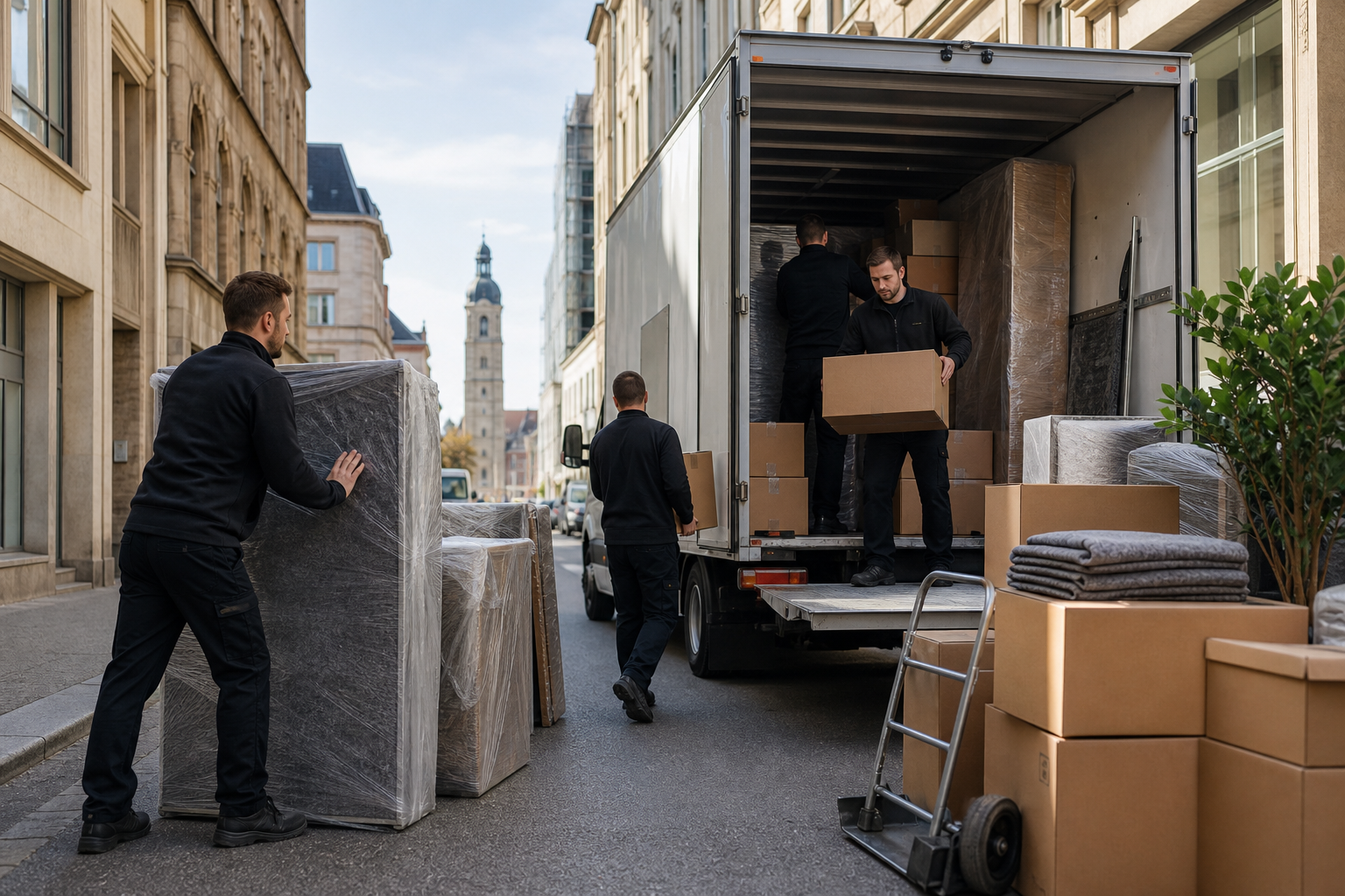 Umzugshelfer verladen Möbel und Kartons in einen Transporter in einer Stadtstraße