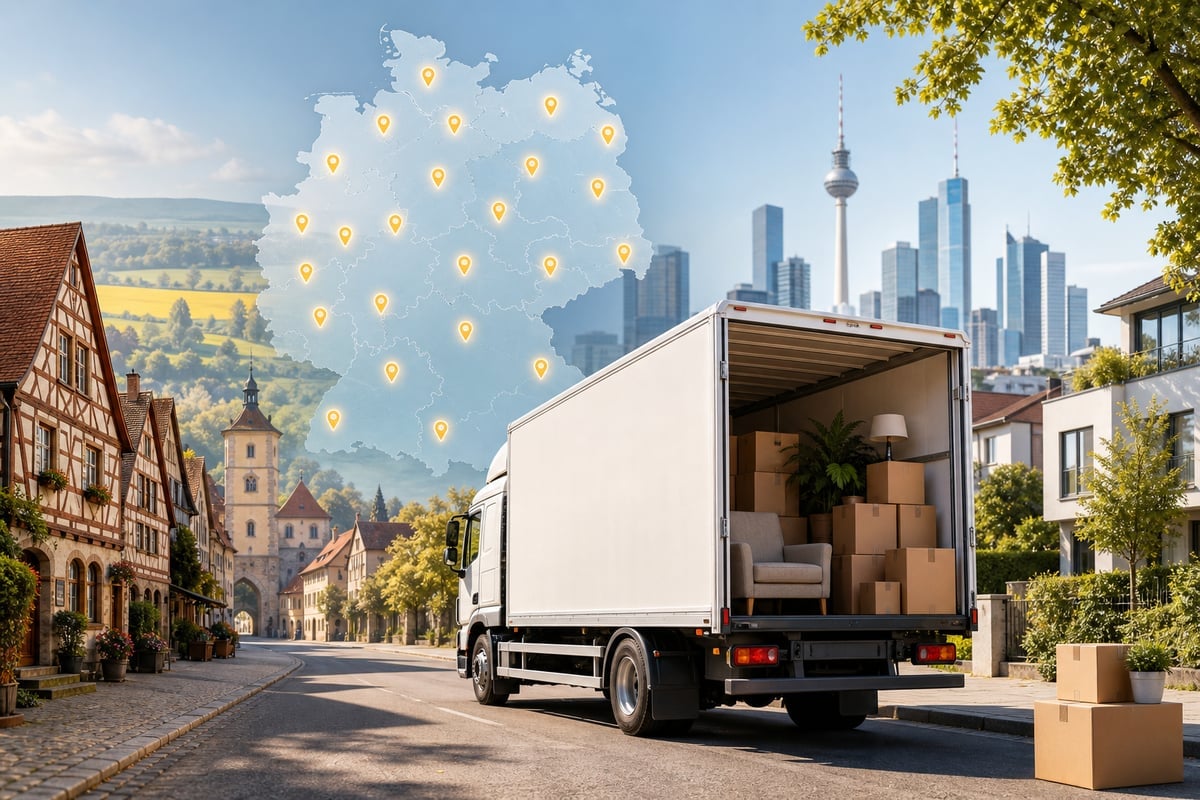 Umzugs-Lkw mit Kartons zwischen historischer Kleinstadt und moderner Großstadt; darüber Deutschlandkarte mit Standortmarkierungen