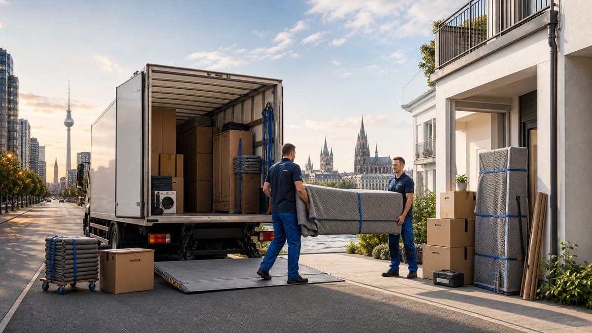 Zwei Umzugshelfer tragen ein Sofa aus einem Möbeltransporter in ein Wohnhaus