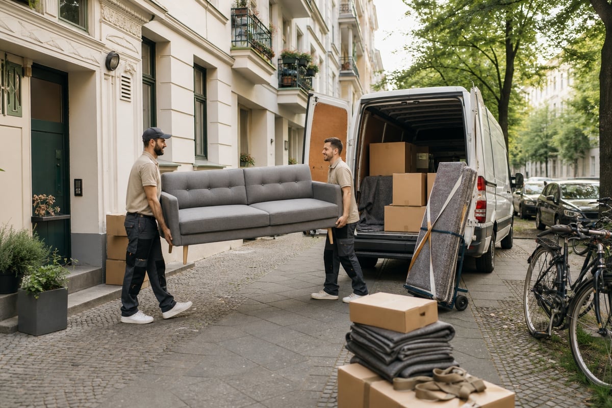 Zwei Umzugshelfer tragen ein Sofa zu einem mit Umzugskartons beladenen Lieferwagen